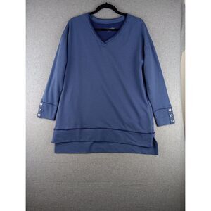 SOFT SURROUNDINGS Stretch Knit Tunic Periwinkle Size S V-Neck Mosaic buttons EUC